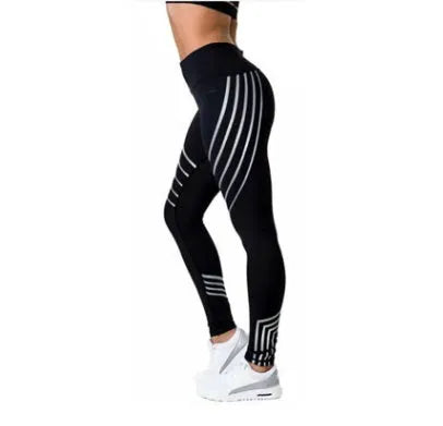 Women's black workout leggings with glowing print pattern, slim fit design
