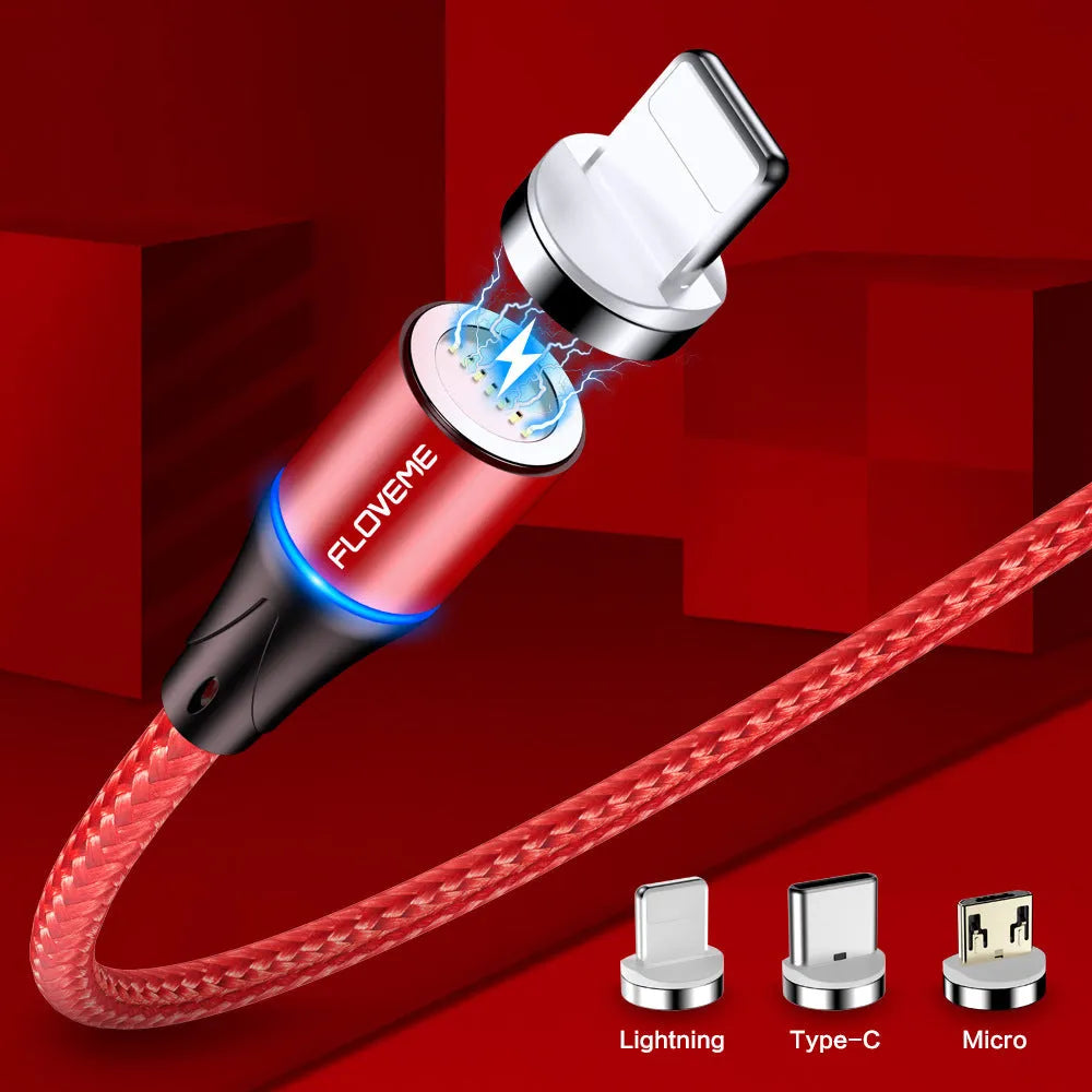 Black magnetic data cable with LED light and interchangeable iPhone, Android, and Type-C heads.