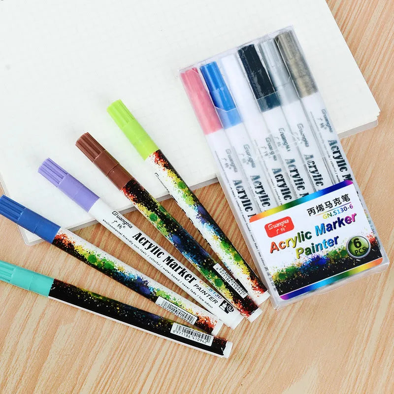 Acrylic graffiti marker pen set 6 colourful pens 0.7mm fine tip plastic box