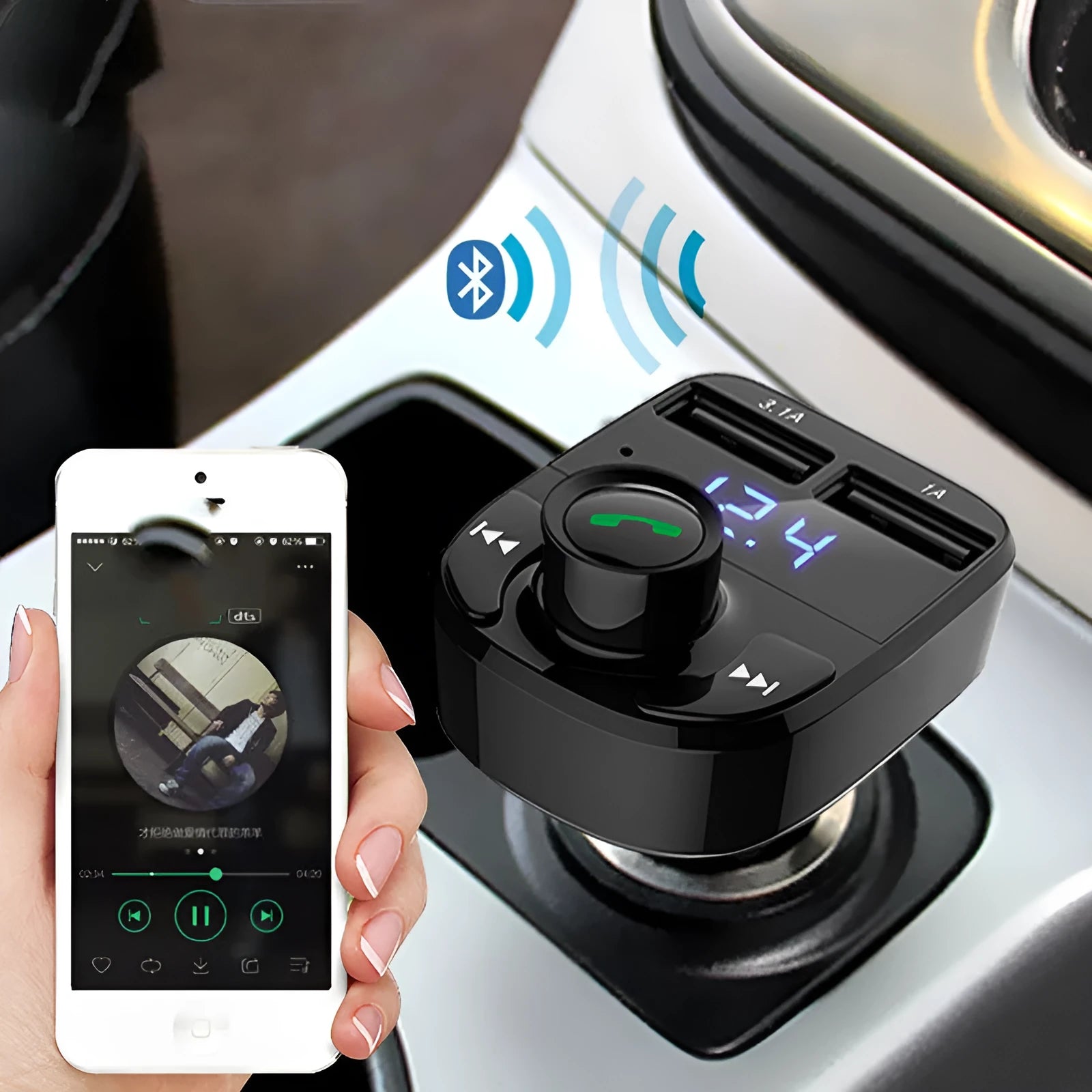 HY82 car MP3 player Bluetooth FM transmitter with USB charging ports installed in vehicle cigarette lighter