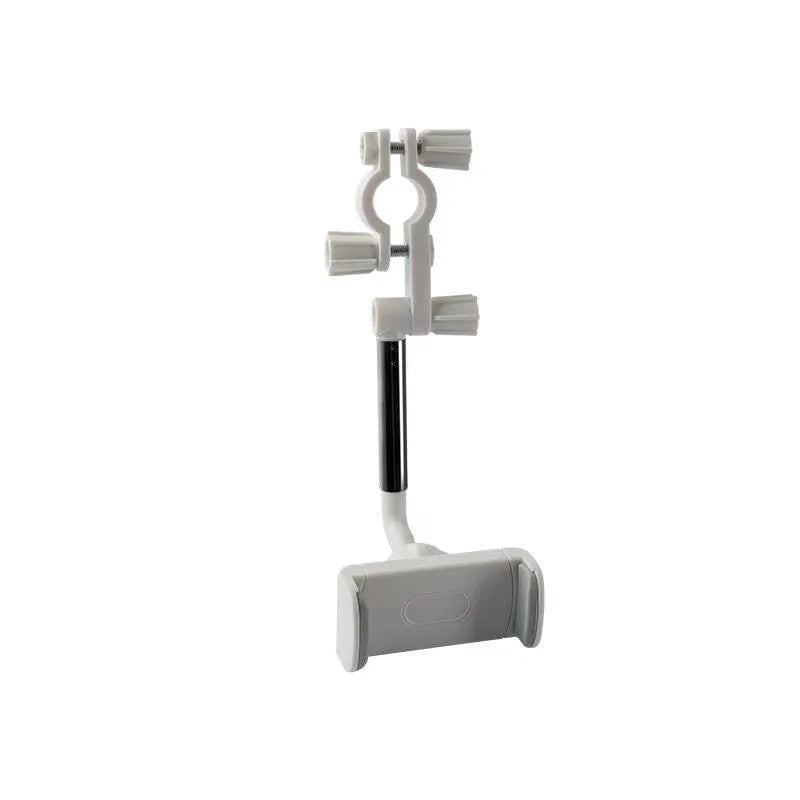 Black ABS plastic mobile phone bracket mounted on a car rearview mirror, holding a smartphone.