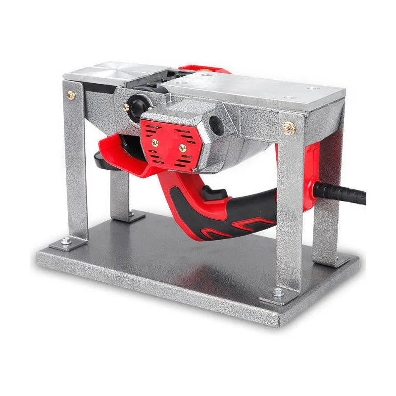 Black iron flip chip bracket for holding an electric planer, shown with dimensions