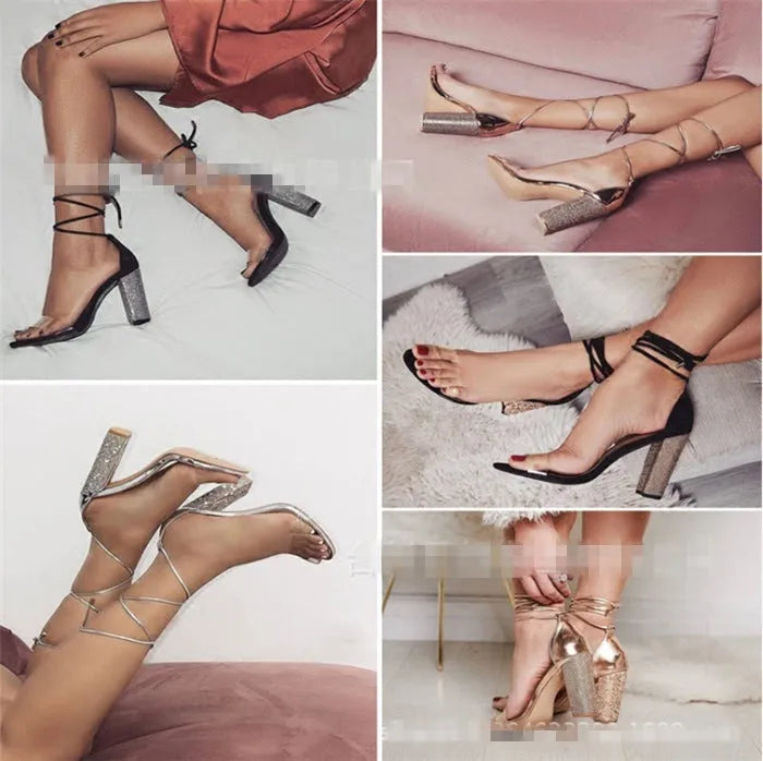 Women's black and gold pointed-toe plastic high heels showing front and side views