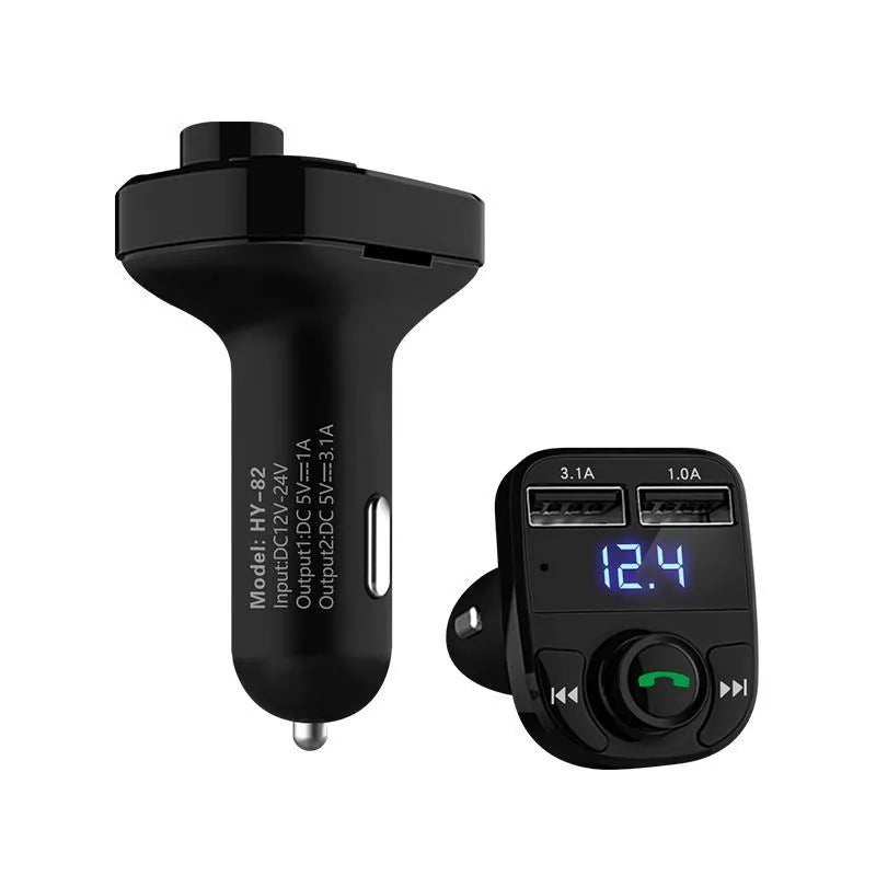 HY82 car MP3 player Bluetooth FM transmitter with USB charging ports installed in vehicle cigarette lighter