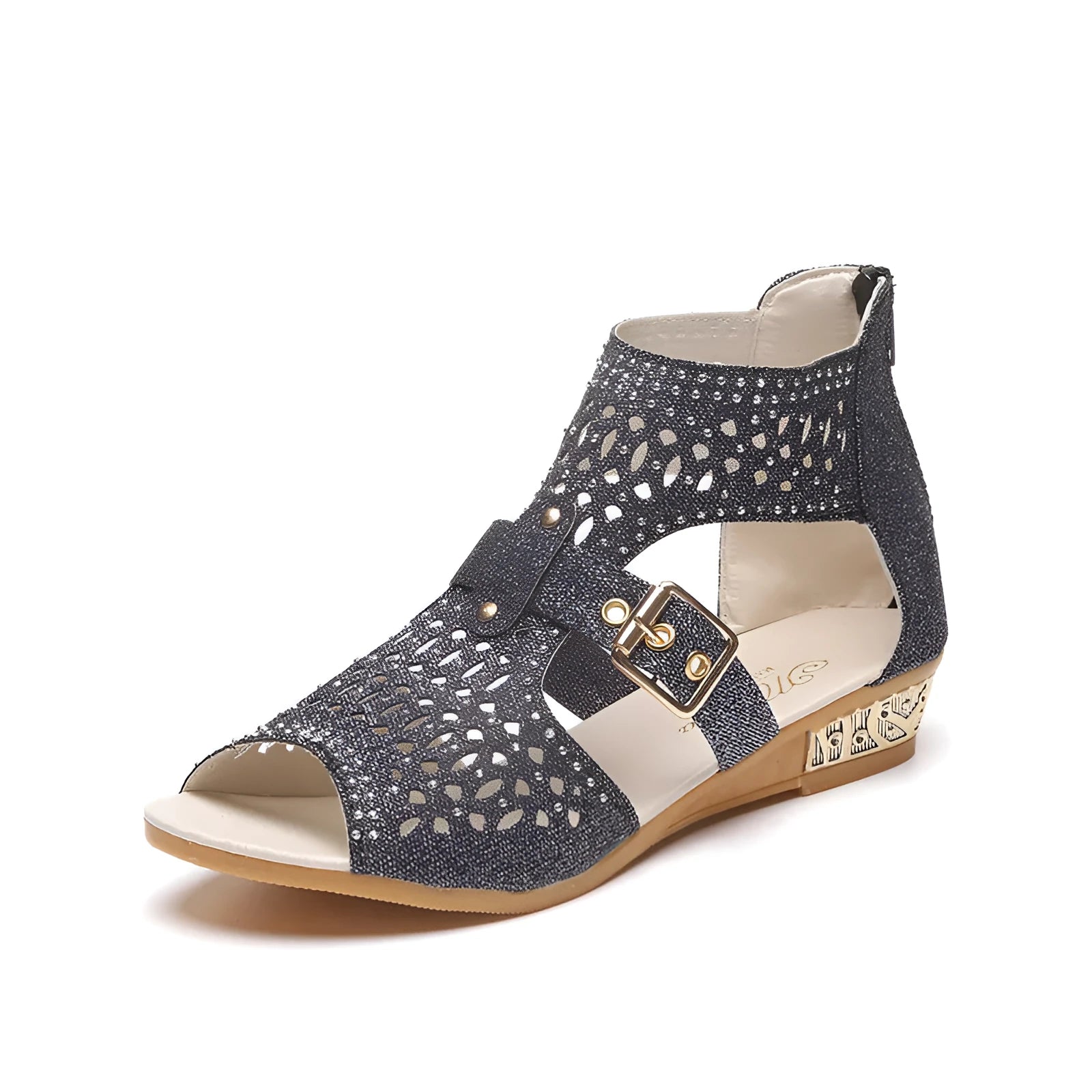 Women's beige flat sandals with a back zipper and low wedge heel on a white background.
