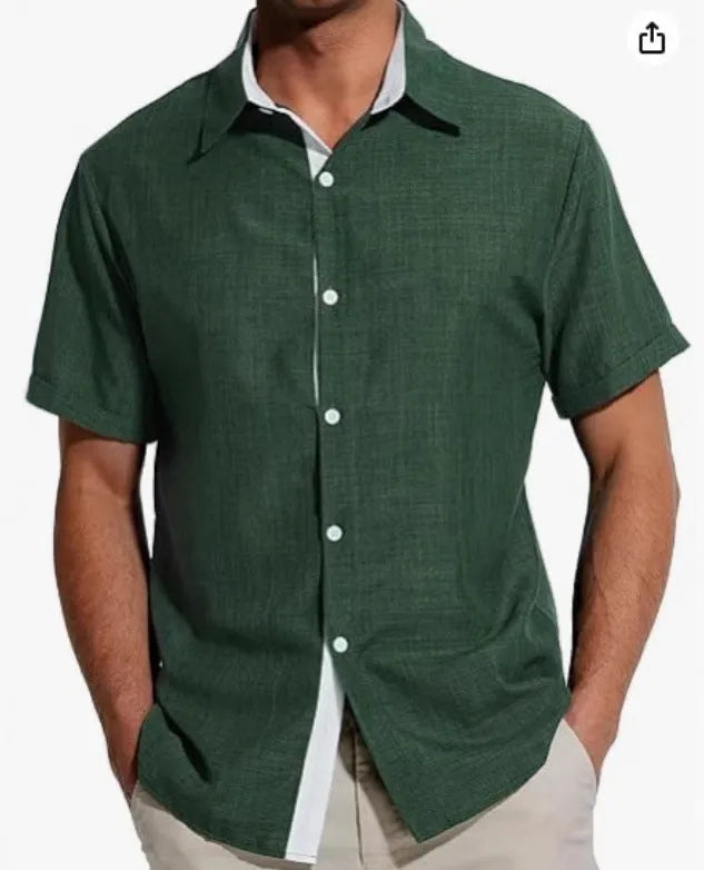 Men's short-sleeved floral print shirt in light business style on a hanger