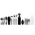 Black plastic and metal mini succulent gardening tool set with 15 pieces laid out on a square cushion.