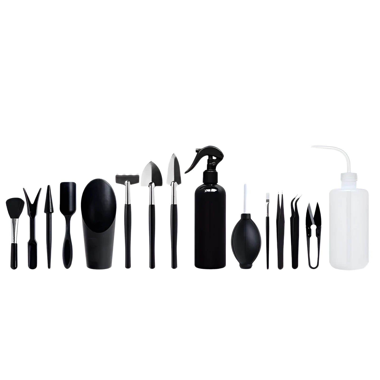 Black plastic and metal mini succulent gardening tool set with 15 pieces laid out on a square cushion.