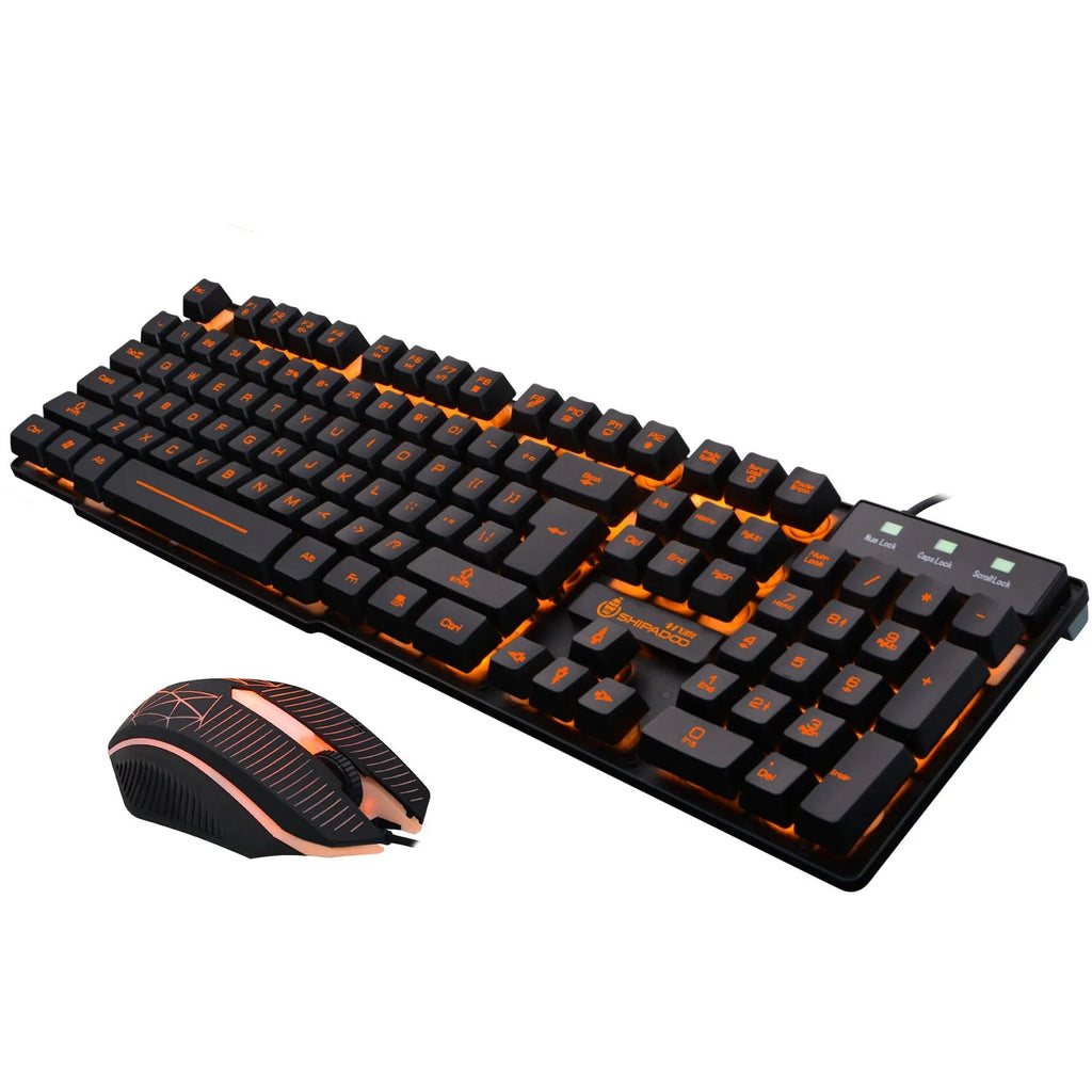 Wired USB keyboard set with mechanical touch metal bottom plate and orange luminous keys, including mouse