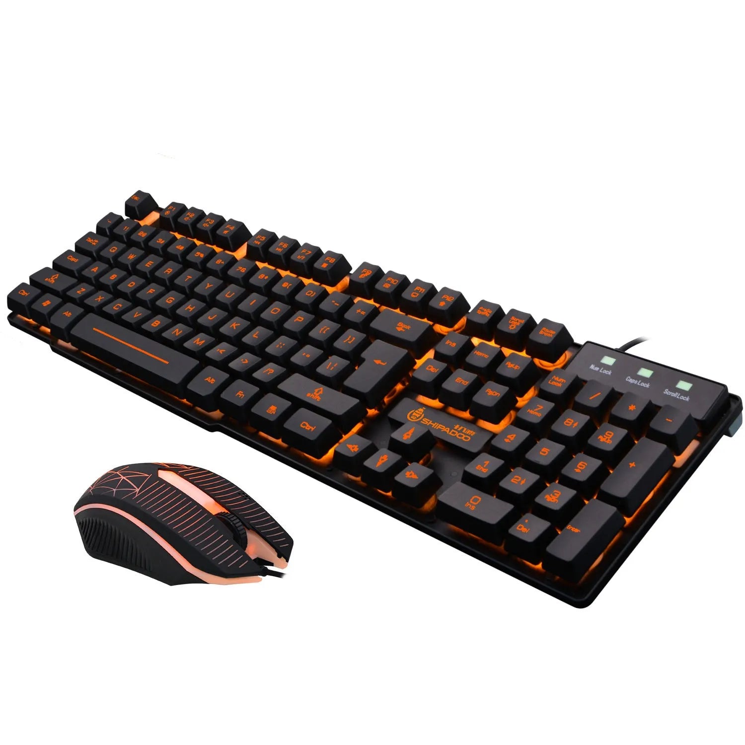 Wired USB keyboard set with mechanical touch metal bottom plate and orange luminous keys, including mouse