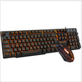Wired USB keyboard set with mechanical touch metal bottom plate and orange luminous keys, including mouse