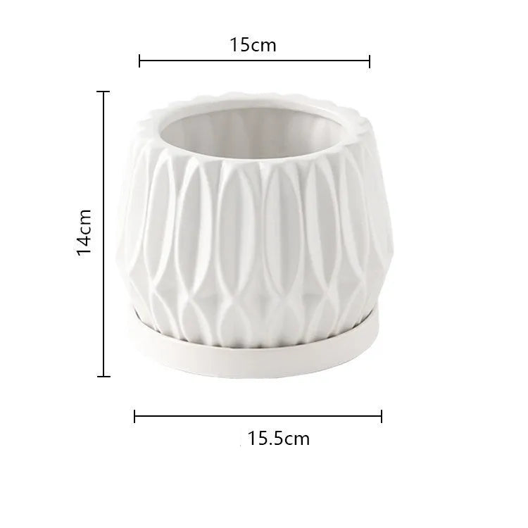 Grey small ceramic tabletop plant flowerpot on desktop with green plant