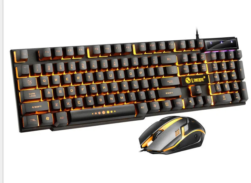 Limei GTX300 white and black wired gaming keyboard and mouse set with backlit keys on a desk