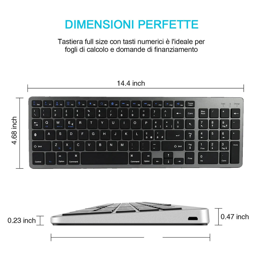 Grey Bluetooth keyboard for tablets and phones with 104 keys and ultra-thin design