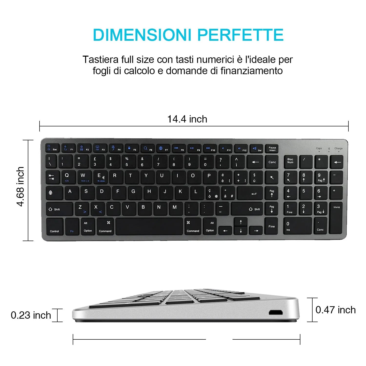 Grey Bluetooth keyboard for tablets and phones with 104 keys and ultra-thin design