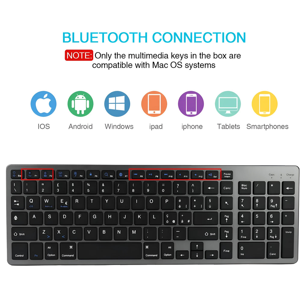 Grey Bluetooth keyboard for tablets and phones with 104 keys and ultra-thin design