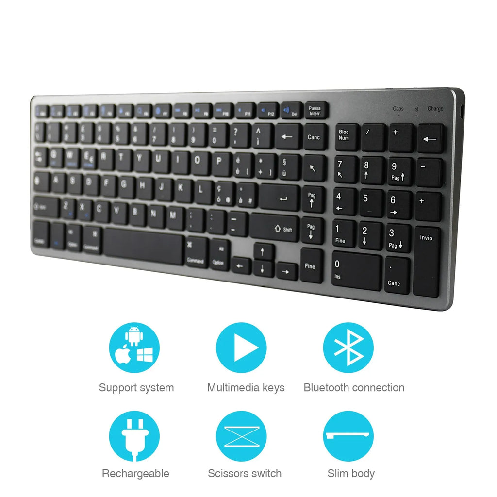 Grey Bluetooth keyboard for tablets and phones with 104 keys and ultra-thin design