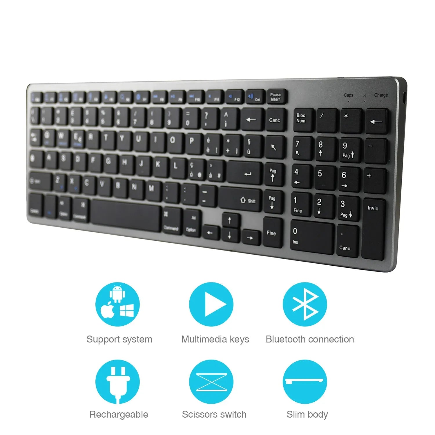 Grey Bluetooth keyboard for tablets and phones with 104 keys and ultra-thin design