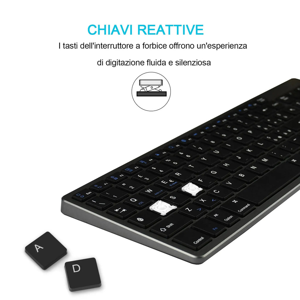 Grey Bluetooth keyboard for tablets and phones with 104 keys and ultra-thin design