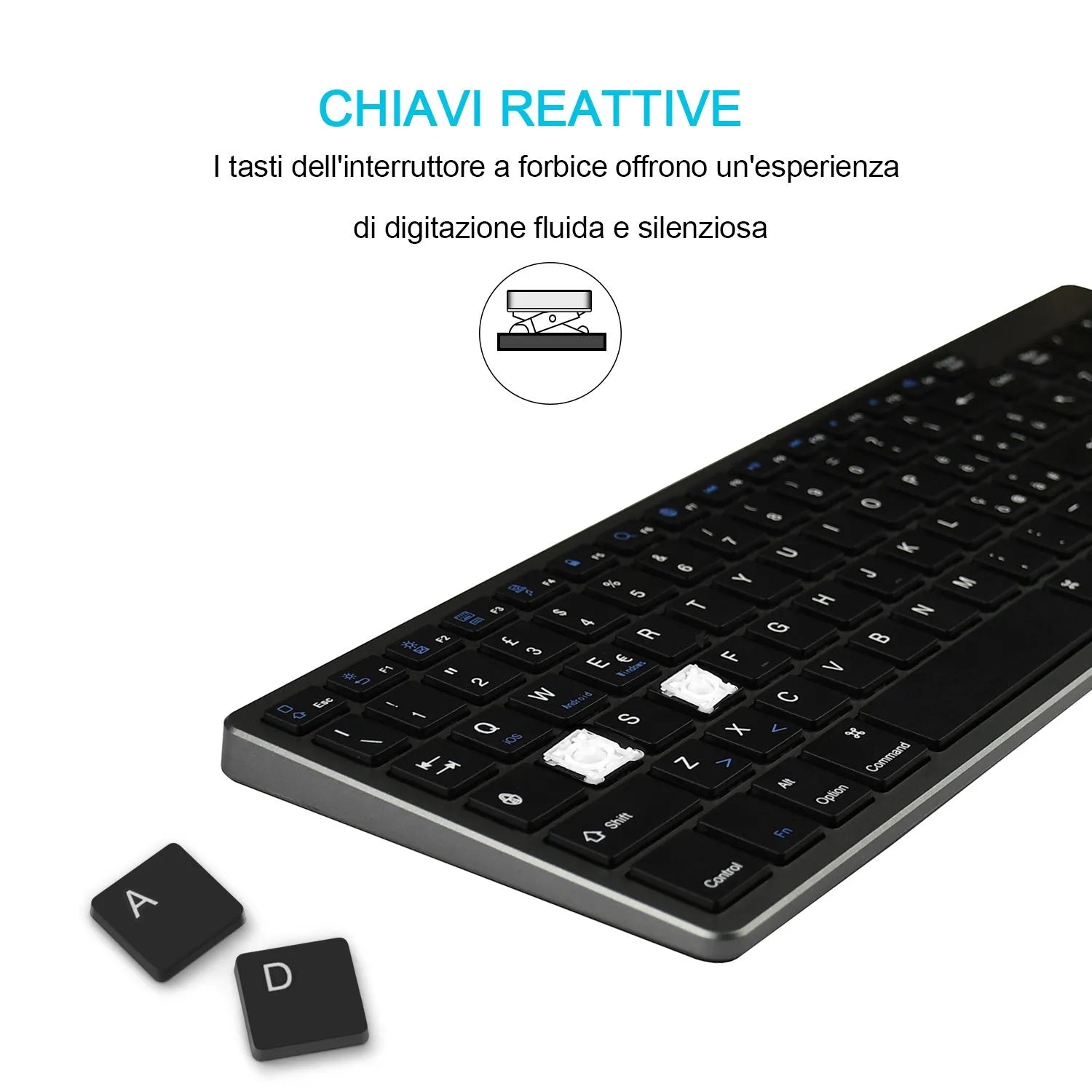 Grey Bluetooth keyboard for tablets and phones with 104 keys and ultra-thin design