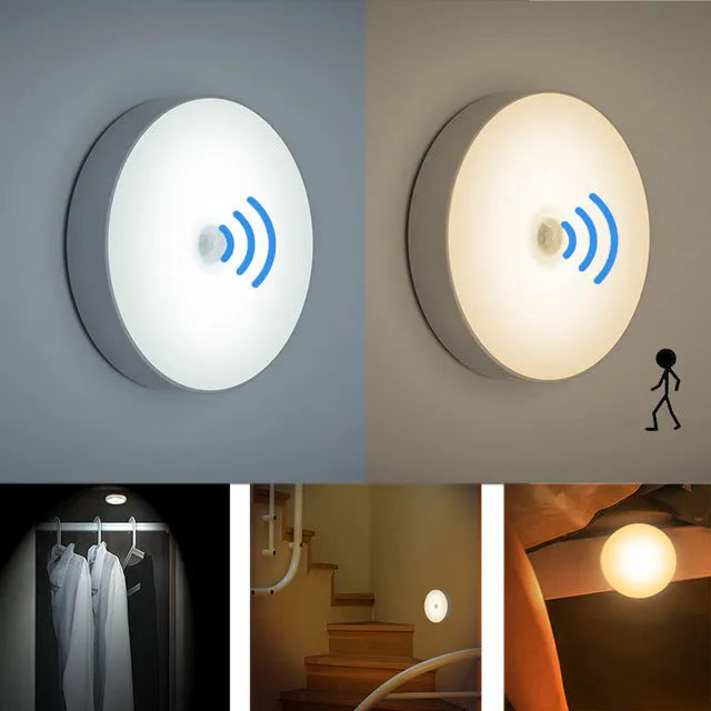 Compact round motion sensor LED night light with USB charging cable and adhesive mounting tape