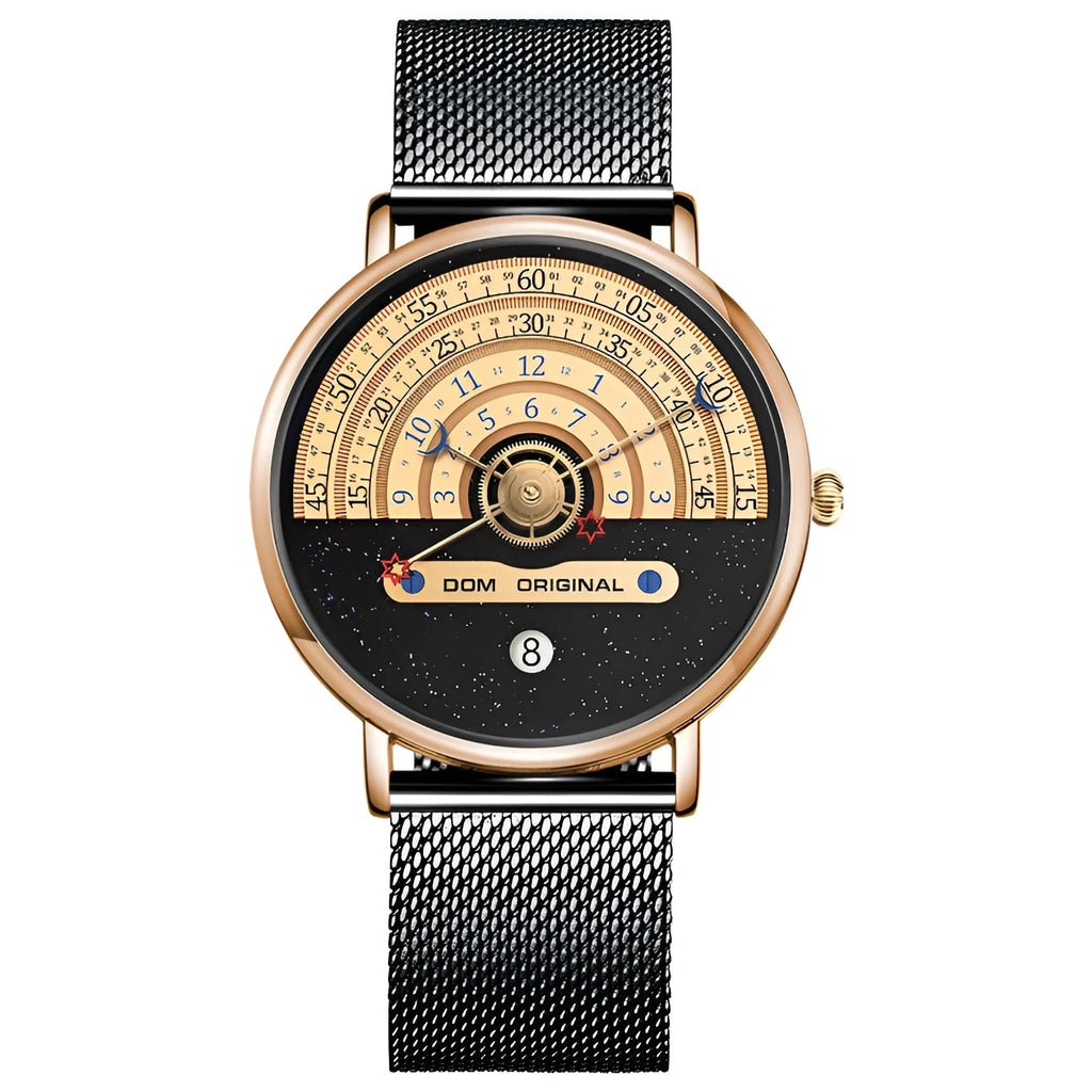 Men's quartz fashion watch with 40mm round dial, 30M waterproof rating, and choice of gold or silver alloy case