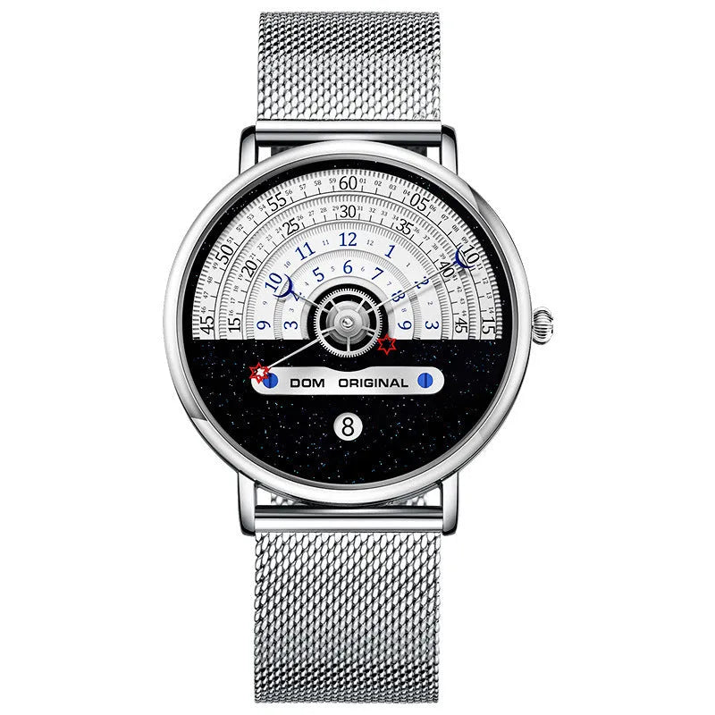 Men's quartz fashion watch with 40mm round dial, 30M waterproof rating, and choice of gold or silver alloy case