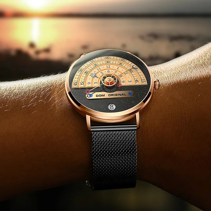 Men's quartz fashion watch with 40mm round dial, 30M waterproof rating, and choice of gold or silver alloy case