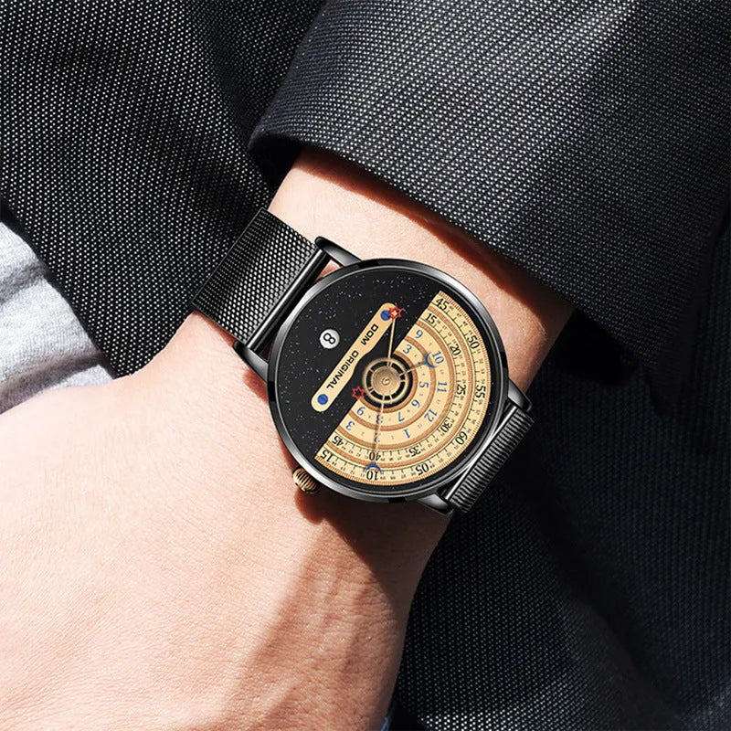 Men's quartz fashion watch with 40mm round dial, 30M waterproof rating, and choice of gold or silver alloy case