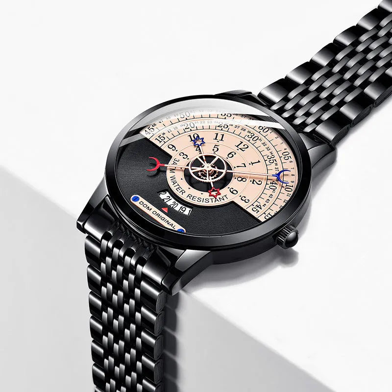 Men's quartz fashion watch with 40mm round dial, 30M waterproof rating, and choice of gold or silver alloy case