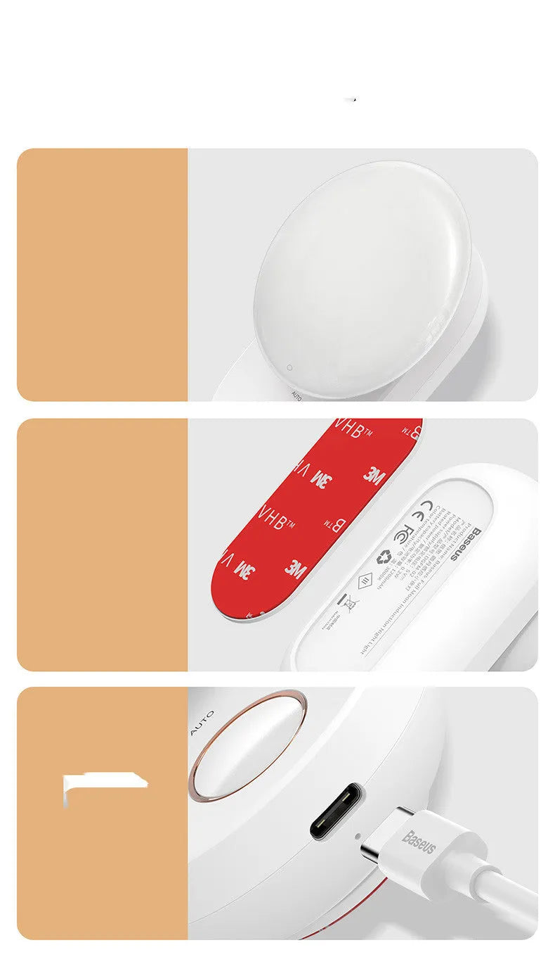 Baseus white rechargeable sensor night light with motion detection and USB charging port.