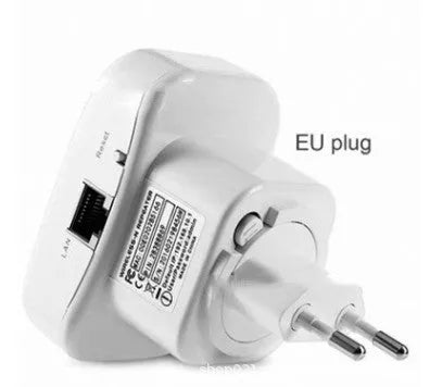 Compact black or white wifi signal amplifier repeater with selectable plug and a network cable.