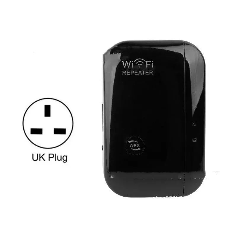 Compact black or white wifi signal amplifier repeater with selectable plug and a network cable.