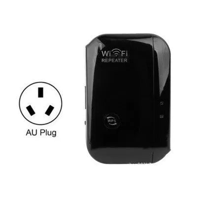 Compact black or white wifi signal amplifier repeater with selectable plug and a network cable.