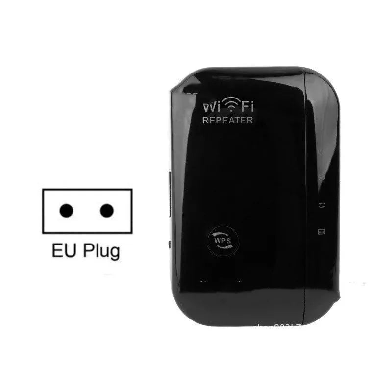 Compact black or white wifi signal amplifier repeater with selectable plug and a network cable.