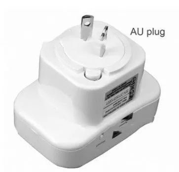 Compact black or white wifi signal amplifier repeater with selectable plug and a network cable.