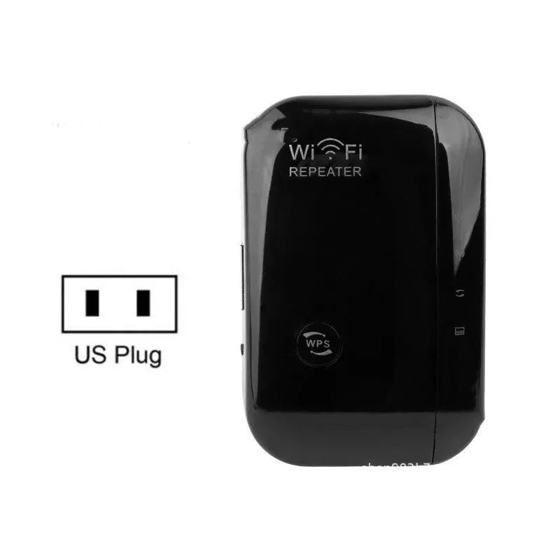 Compact black or white wifi signal amplifier repeater with selectable plug and a network cable.