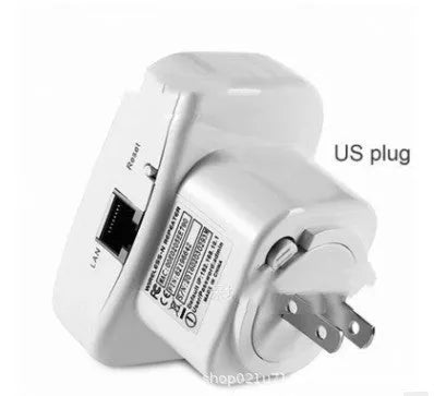 Compact black or white wifi signal amplifier repeater with selectable plug and a network cable.