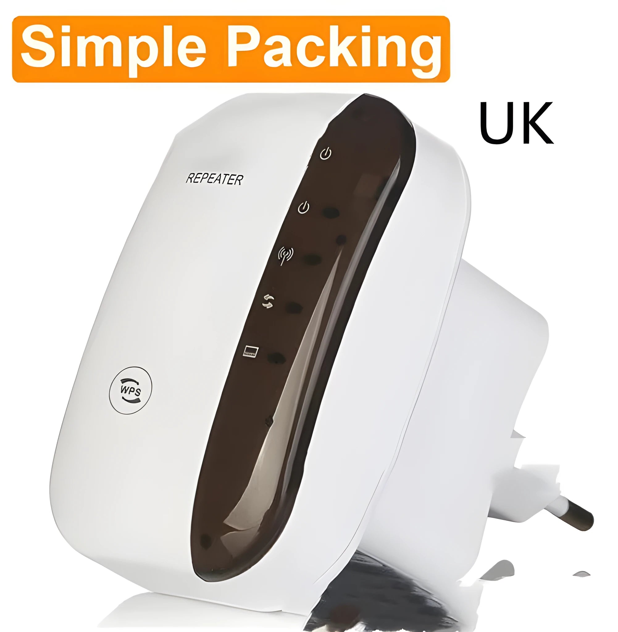 Compact black or white wifi signal amplifier repeater with selectable plug and a network cable.