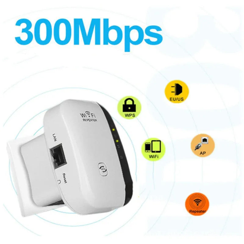 Compact black or white wifi signal amplifier repeater with selectable plug and a network cable.