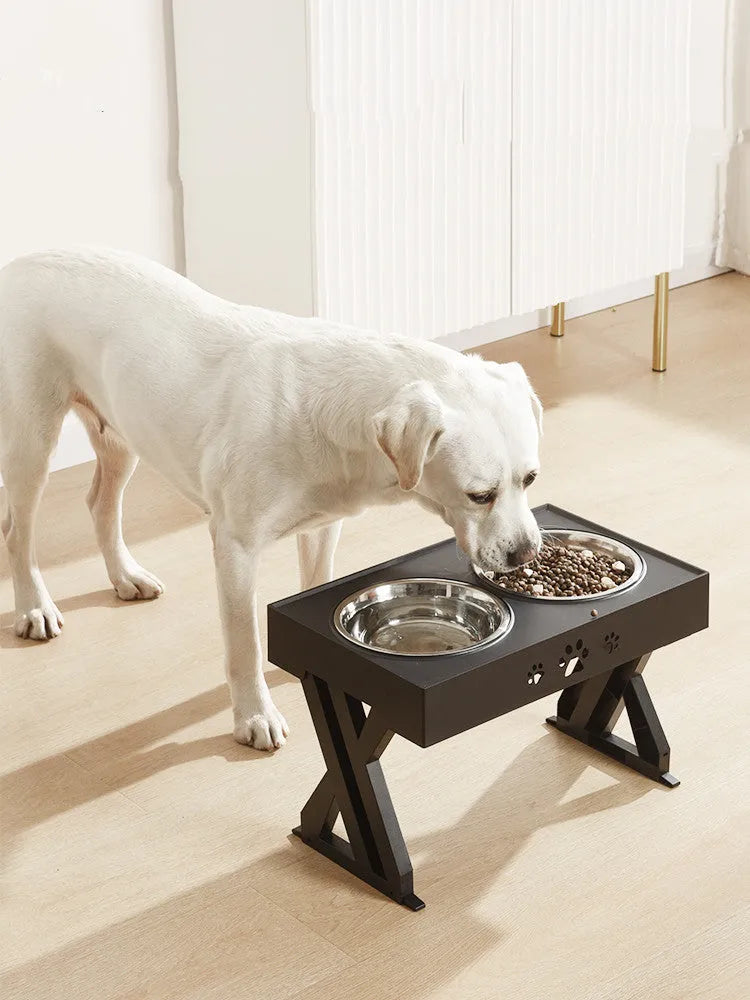 Height-adjustable stainless steel double bowl for dogs with black ABS base and slow feeding design