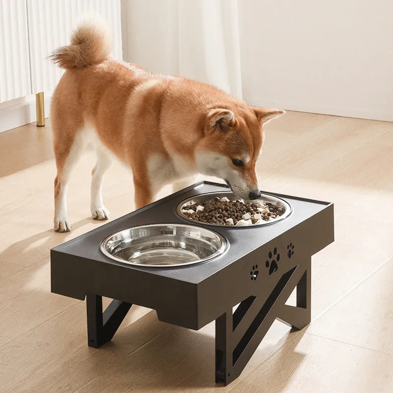 Height-adjustable stainless steel double bowl for dogs with black ABS base and slow feeding design