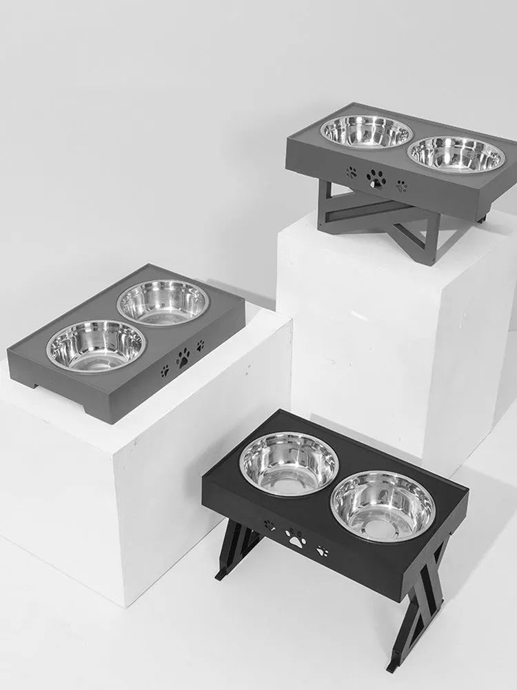 Height-adjustable stainless steel double bowl for dogs with black ABS base and slow feeding design