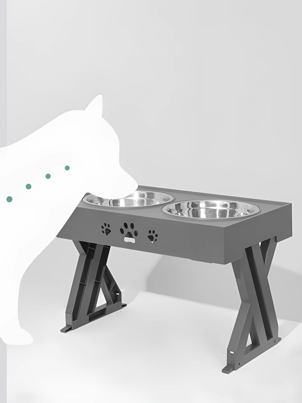 Height-adjustable stainless steel double bowl for dogs with black ABS base and slow feeding design