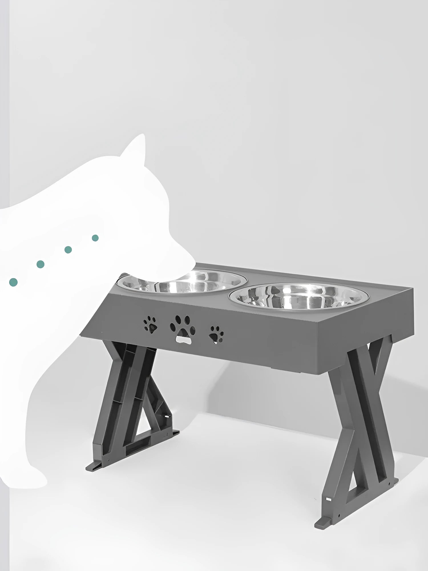 Height-adjustable stainless steel double bowl for dogs with black ABS base and slow feeding design