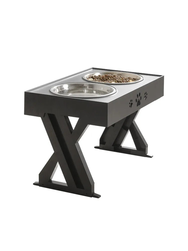 Height-adjustable stainless steel double bowl for dogs with black ABS base and slow feeding design