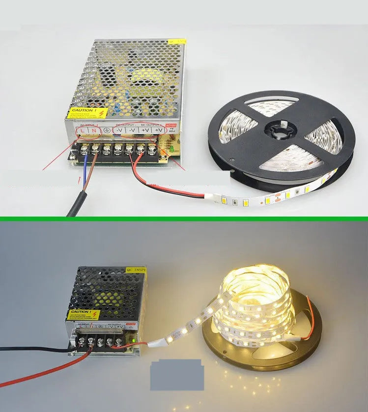 Close-up of a flexible 12V LED soft light strip with closely spaced white LEDs, showing solder connection patches.