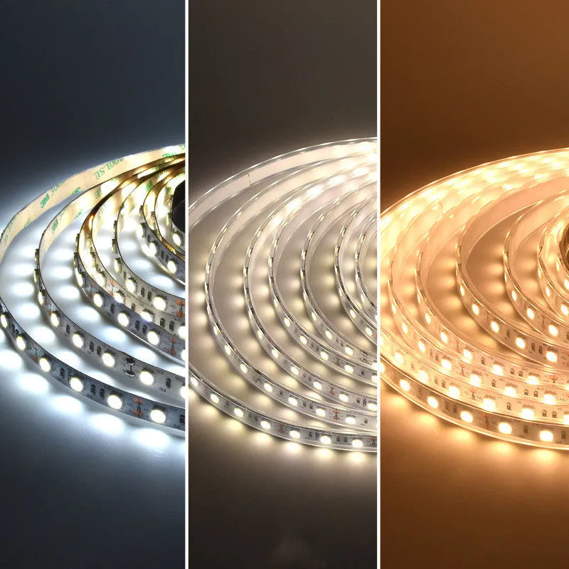 Close-up of a flexible 12V LED soft light strip with closely spaced white LEDs, showing solder connection patches.