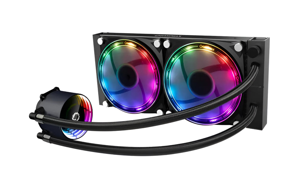 Black Icechill240 ARGB water cooling radiator with integrated water drain and ARGB lighting for PC custom loops