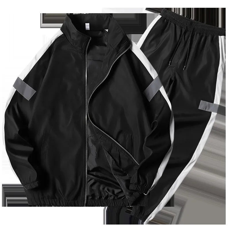 Men's polyester sportswear suit with stand collar jacket and loose fit trousers in black
